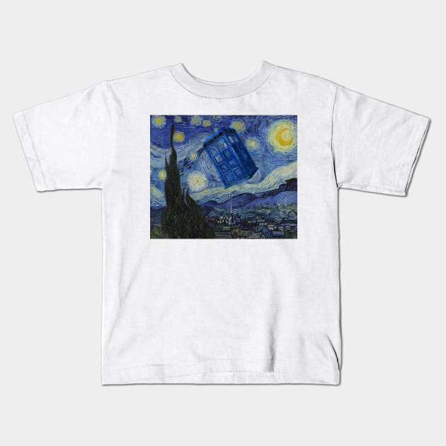 Starry Night Tardis Kids T-Shirt by Titius